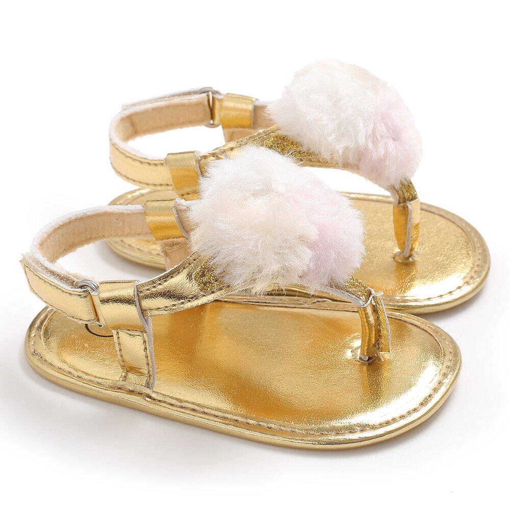 Summer Baby Sandals Girls PU Leather Shoes Baby Toddler Princess Hair Ball Sneakers: Gold / 0-6 Months