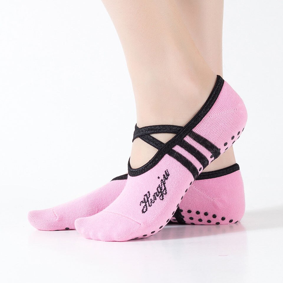 Gobygo 1 par sports yoga sokker tøfler til kvinder anti slip dame dæmpning bandage pilates sok ballet hæl dansebeskytter: Lyserød