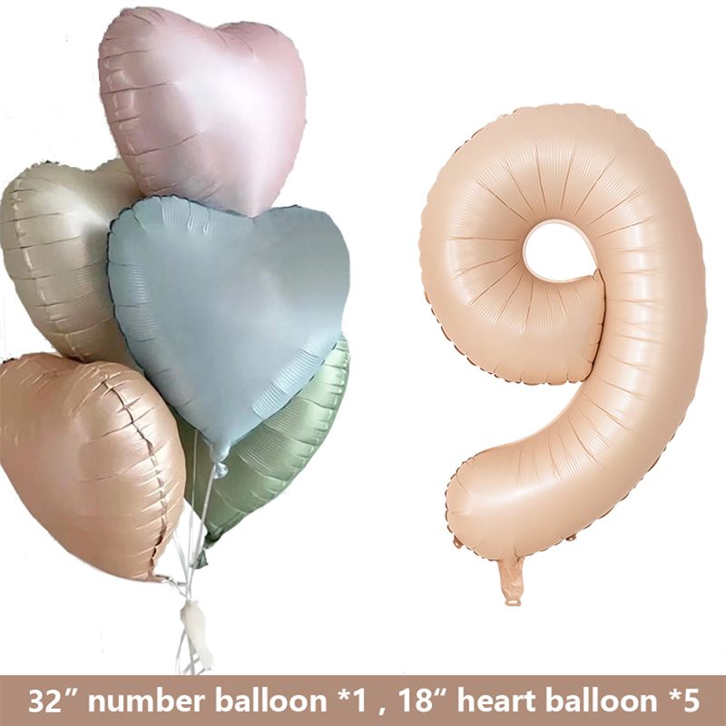 1set Retro Caramel Heart Balloons with 32inch Number Foil Balloon For Kids 1st Birthday Party DIY Decoration Supplies Wedding: Olive