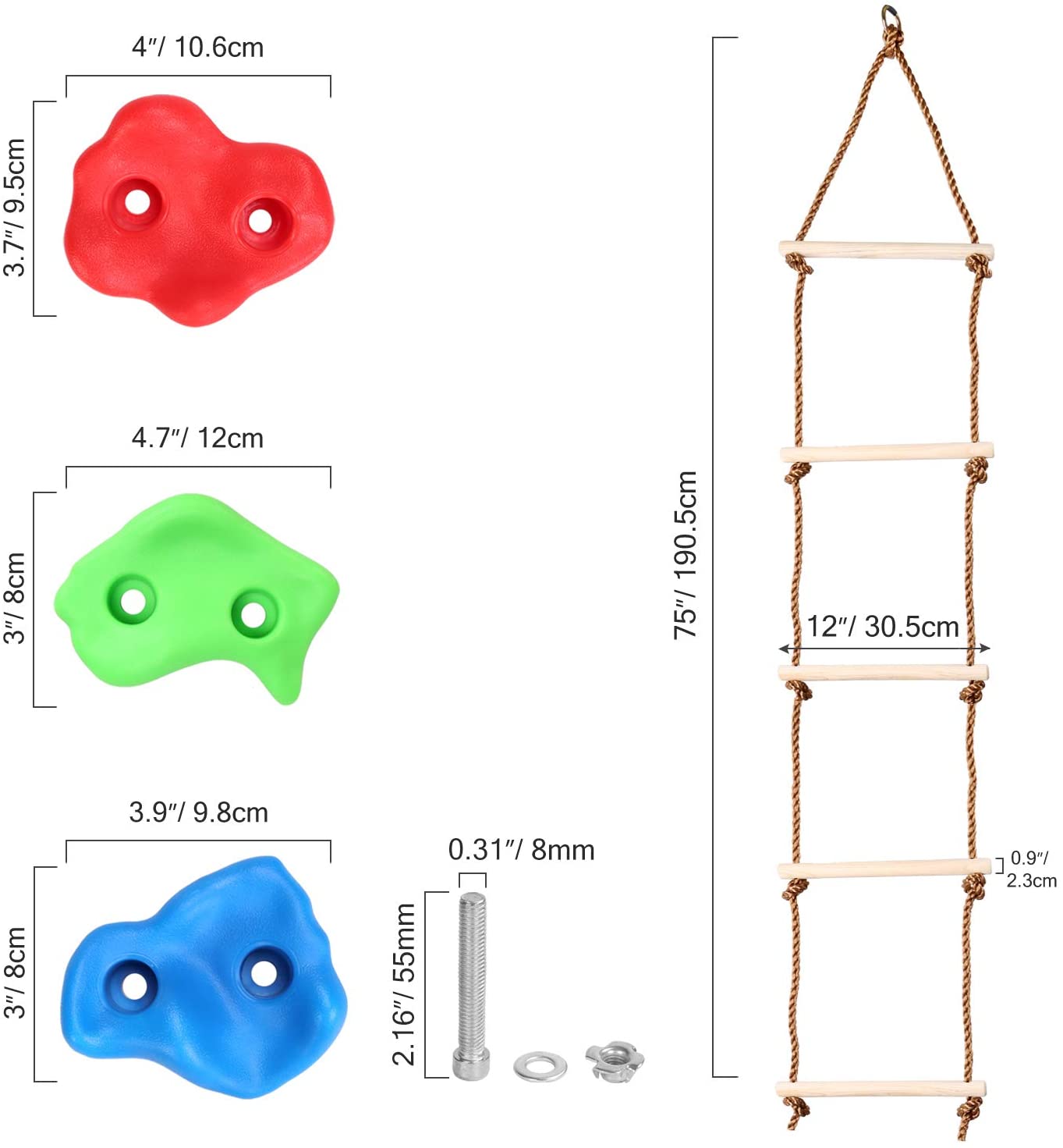 16 Rock escalada para niños con Climbing Rope Ladder y 32 pernos de montaje-escalada empuñaduras de piedra de la pared para niños