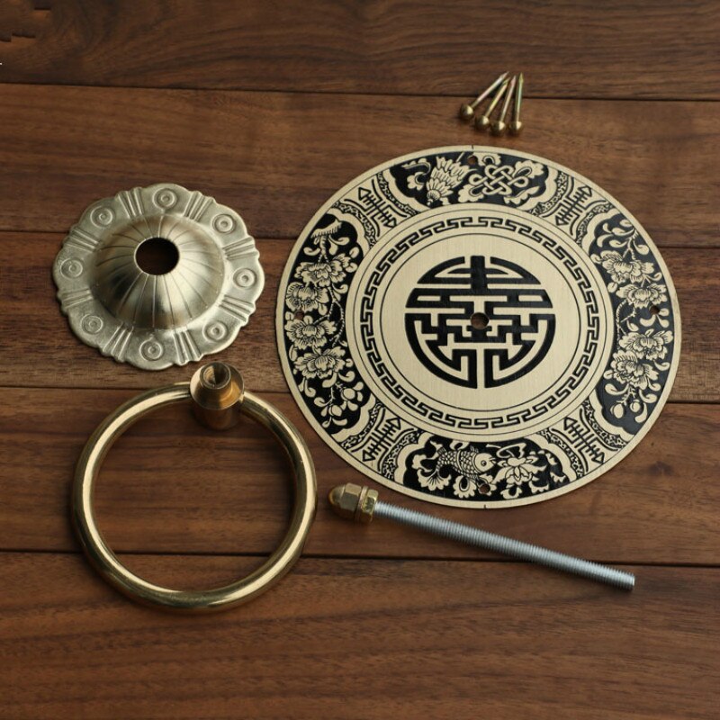 Antik kinesisk dørhåndtag messing dørhåndtag vintage eengravering dekorative træ dørhåndtag drejeknapper runde ring knocker trækker
