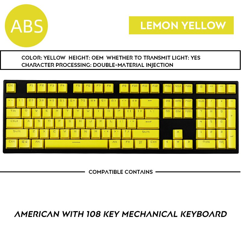 108 Keys OEM Profile Double Shot Backlit Keycap IKBC Filco Keycaps For Cherry MX Switch Mechanical Keyboard: Yellow