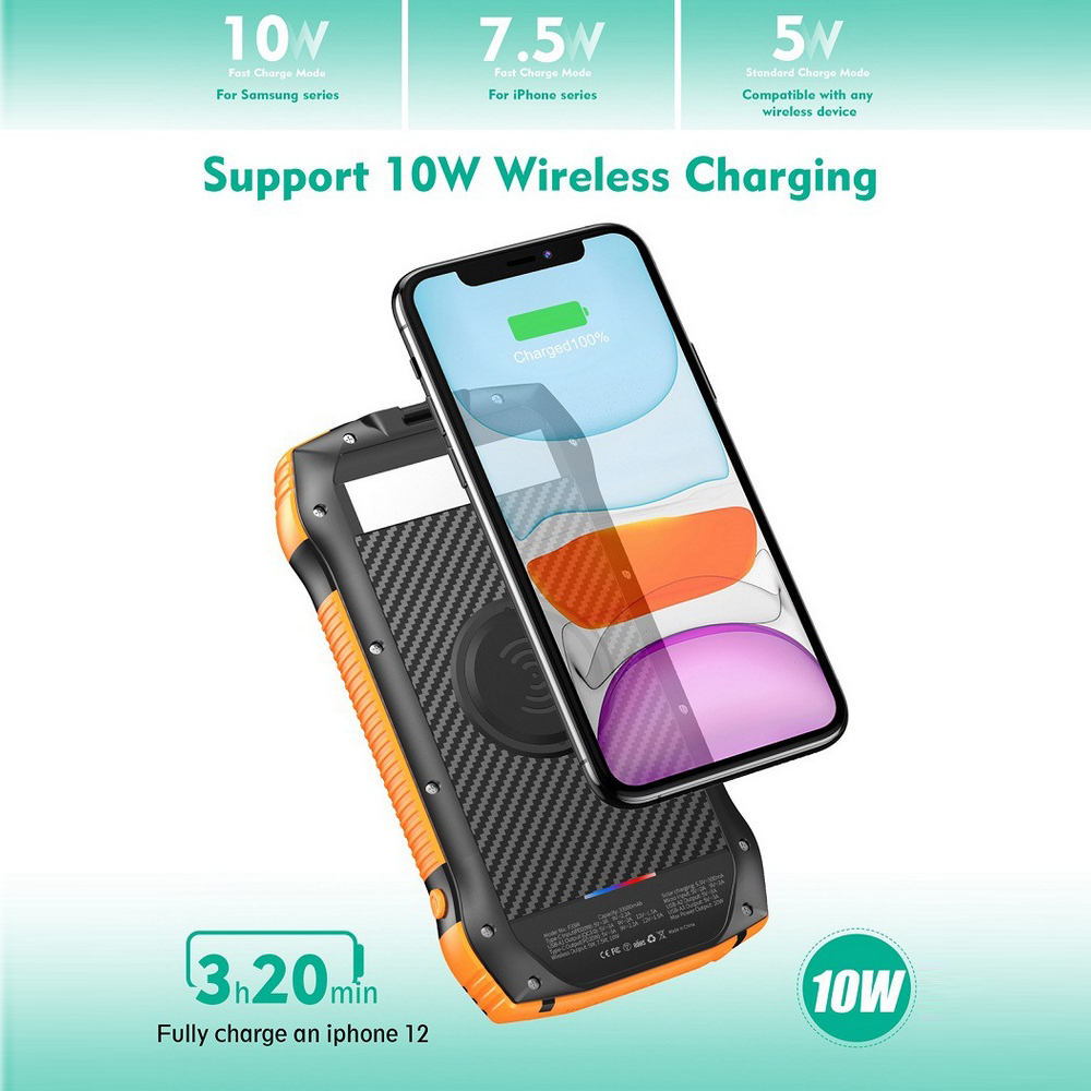 Solar Power Bank Waterproof 33600mAh Charger USB Ports External Waterproof Polymer Battery Charger Powerbank with LED Dual Light