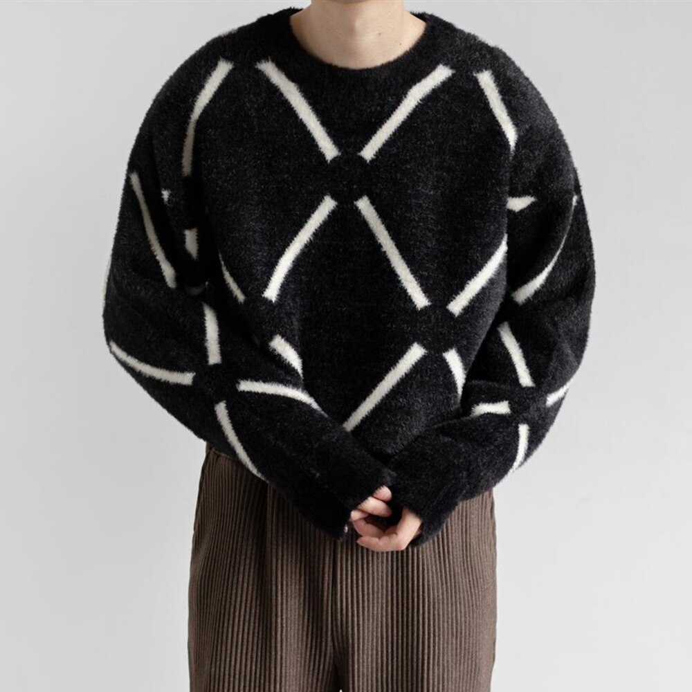 Pull épais en losange pour homme, Style Preppy coréen, Simple, confortable, , col rond, rouge, noël, ample, hiver: Black / XL