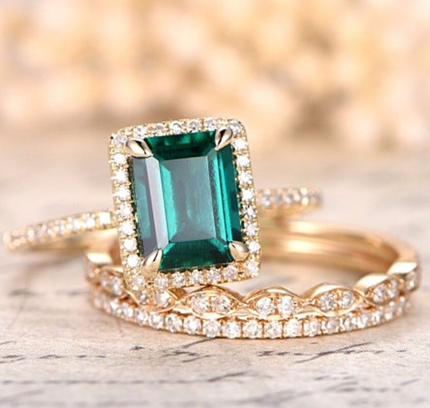 exquisit Gold Füllen Grün Kristall Zirkon schneiden Engagement Ring einstellen Edlen Schmuck