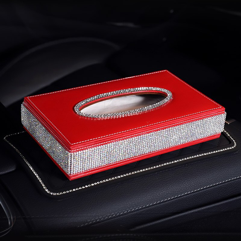 Læder bil tissue box cover serviet holder luksus diamant rhinestone bil assessoires interiør til kvinder piger smukke: Rød med pude