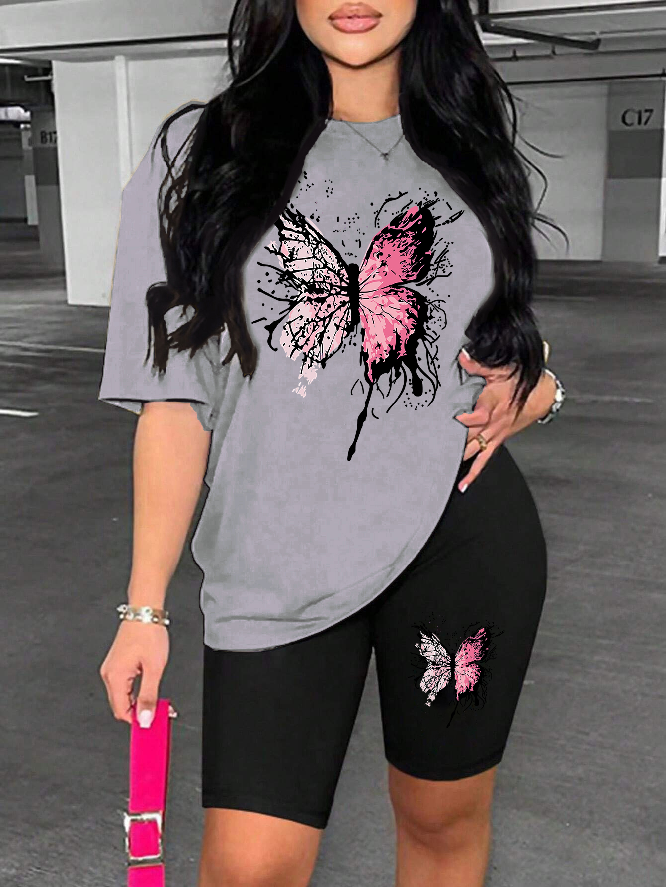 Beautiful Butterfly Pattern Print For Women Short Sleeved Shorts Set Soft Essential Two Piece Set Sports Comfortable Shorts Sets: XL / Blue