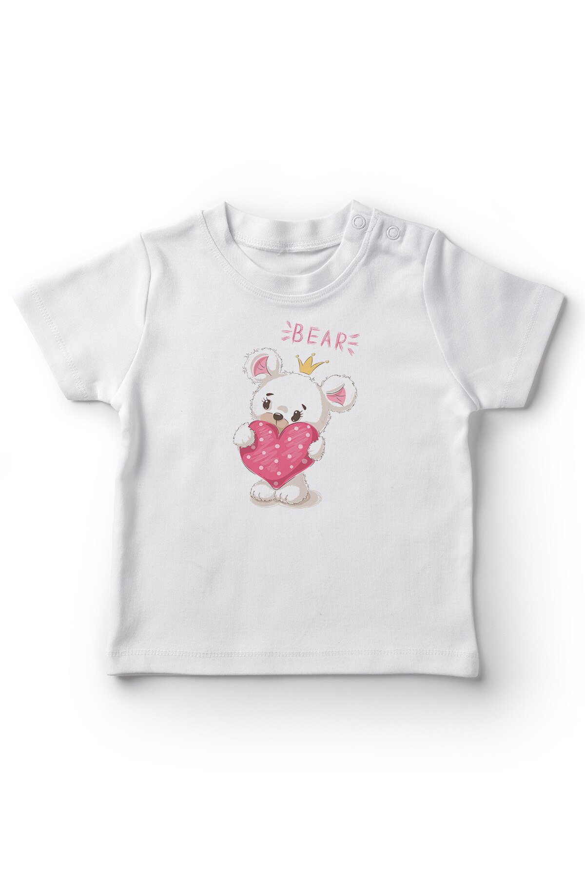 Angemiel bebé sosteniendo oso de peluche con corazón bebé niña camiseta blanca
