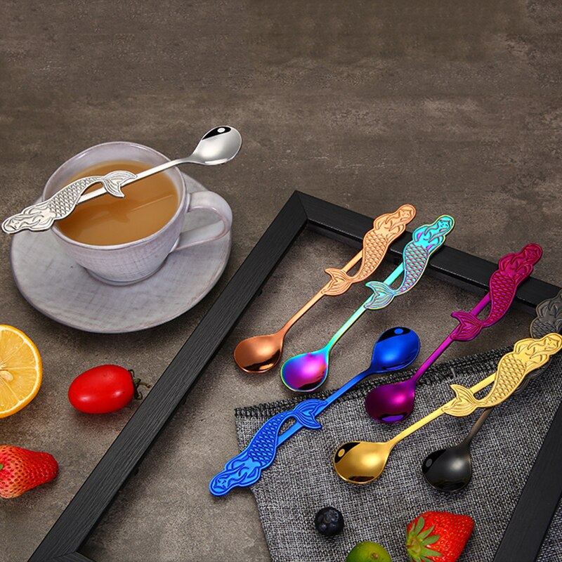 Stirring Spoon Coffee Spoon Kitchen Tea Milk Teaspoons Stainless Steel Cartoon Mermaid Shaped Kitchen Spoons Drinks Tableware
