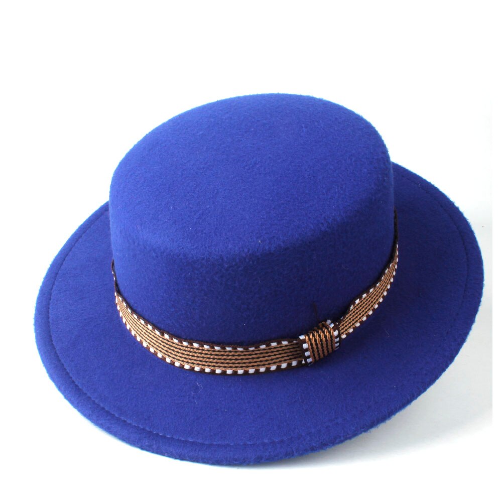 Men Women Flat Fedora Top Hat With Belt Wool Trilby Hat Pork Pie Hat Jazz Hat Size 56-58CM: Blue