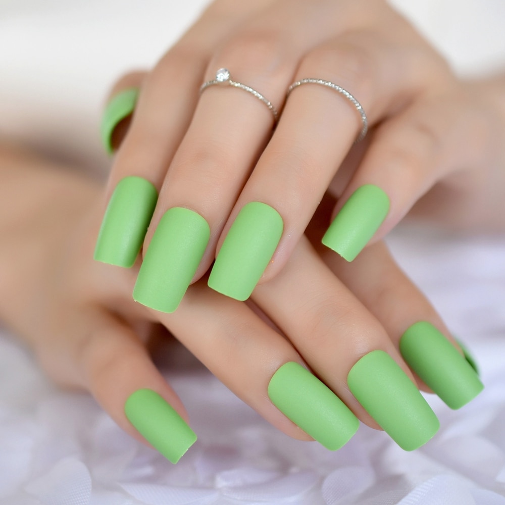 Uñas postizas instantáneas esmeriladas, uñas artísticas cuadradas verdes mate, DIY, puntas de uñas artificiales de medio-largo para mujer a elegir