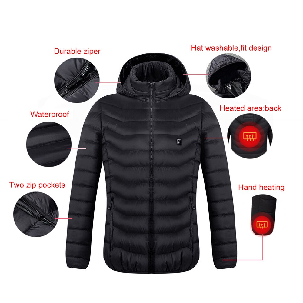 Casaco aquecido de inverno para homens e mulheres, jaqueta com bateria elétrica usb de manga comprida com capuz, roupa térmica de inverno quente para esqui