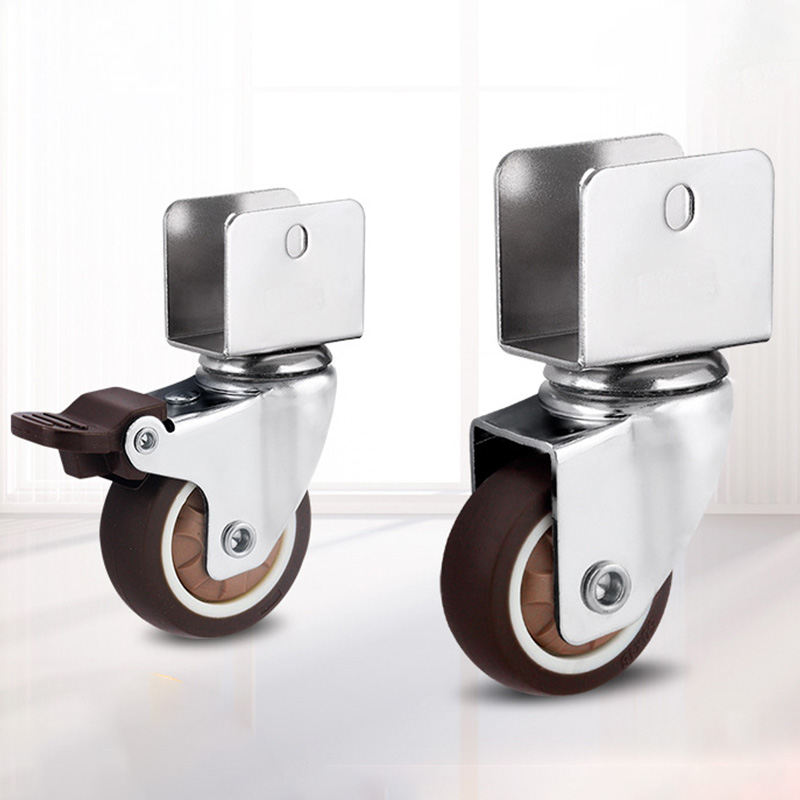 Furniture Crib Casters 1/1.5/2 Inches Soft Rubber Silent Wheels U-shaped Castor With Brake For Cabinet Clamp Replacement Rollers