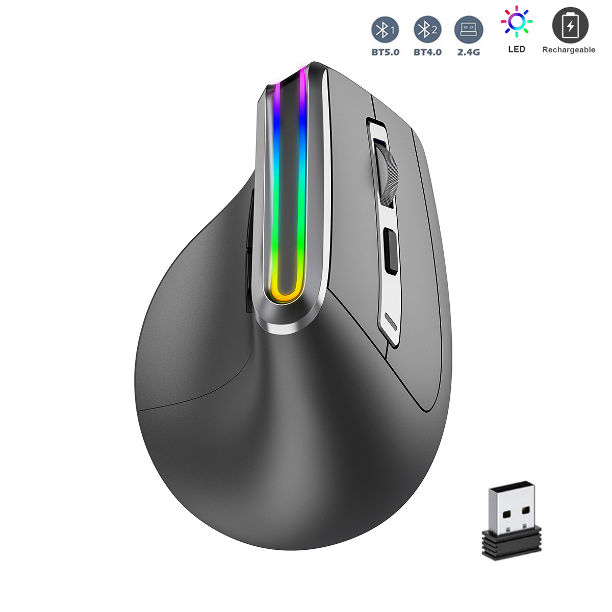 JOMAA Ergonomisk RGB Trådlös Vertikal Mus 2.4G USB Uppladdningsbar Bluetooth