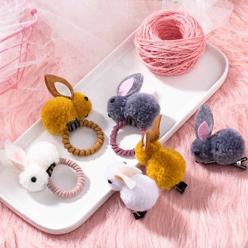 Korean Elastic Rubber Bunny Hair Clip Ball Rabbit Hair Ring Female Hair Tie Cute Hairpin Rope Children Hair Accessories
