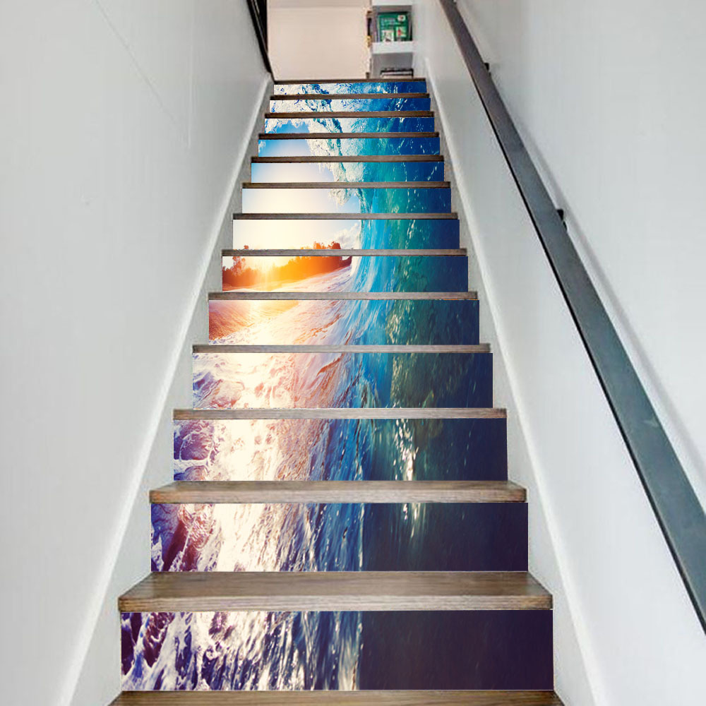 6pcs/13pcs Sea Rolling Waves Stairs 3D Stickers Peel And Sticker Home Decor Stairs Decal DIY Landscape Corridor Staircase Murals