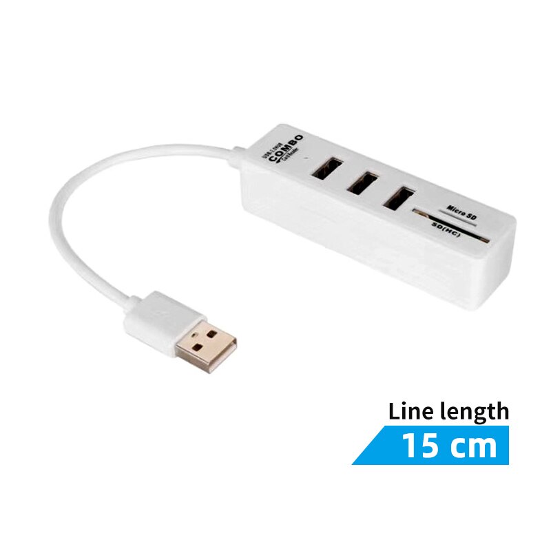 Lector de tarjetas de 3 puertos USB Hub 2 Solt, USB 2,0, tarjeta Micro SD TF, adaptador de ordenador, extensión para disco duro, ratón con cable, divisor de teclado: Blanco