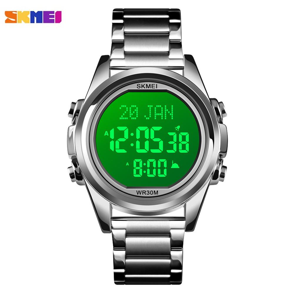 Skmei Moslim Azan Klok Horloge Voor Gebed Met Qibla Kompas Adhan Alarm Hijri Kalender Islamitische Al Harameen Fajr Tijd Horloge: silver white