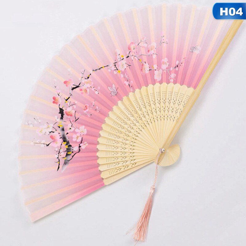 Zomer Vintage Bamboe Vouwen Hand Held Bloem Fan Chinese Dance Party Pocket Bruiloft Benodigdheden: H04