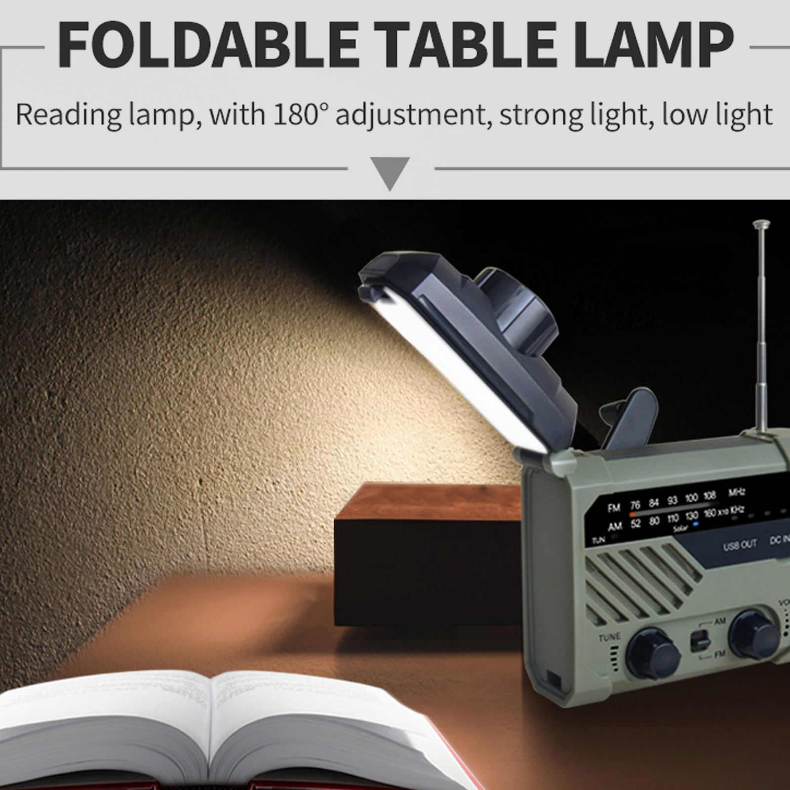 Portable Radio Hand Crank AM FM NOAA Emergency 3-in-1 Reading Lamp Flashlight Solar Charging 2000mAh Power Bank for Cell Phone