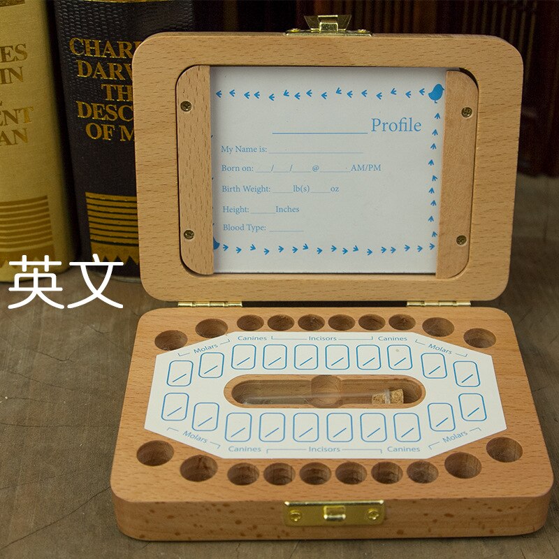 Handmade Wood Baby Milk Tooth Box Kids Teeth Storage Wooden Box Photo Frame Multifunction Save Memory Collection Birthday: English no frame