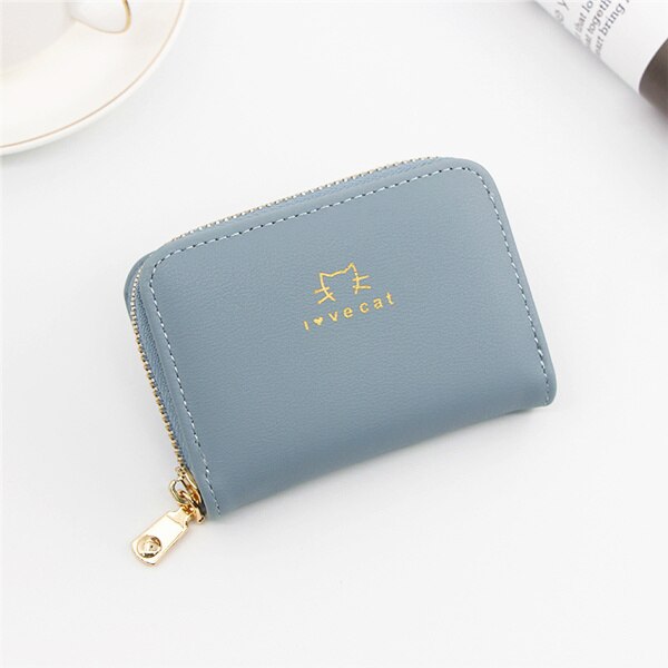 PURDORED 1 Pc Cat Card Holder PU Leather Small Zipper Mini Card Wallet Women Coin Purse Female Business Card Holder Billetera: blue