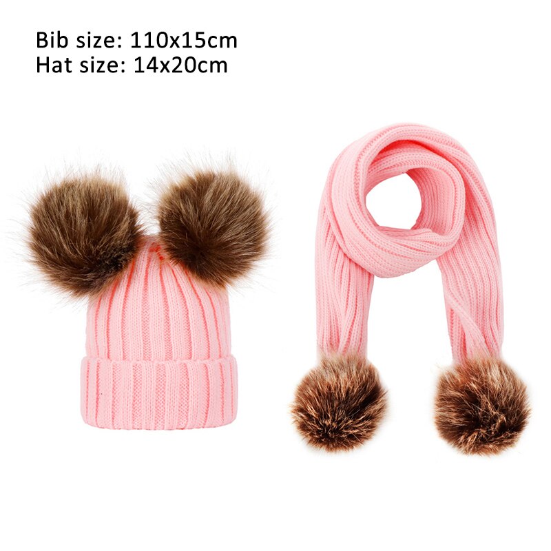 Q 2 stk / sæt babyforsyninger strikket hat holde varm hat tørklæde drengepige med dobbeltkugler til vinter europæisk stil akrylfibre: Lyserød