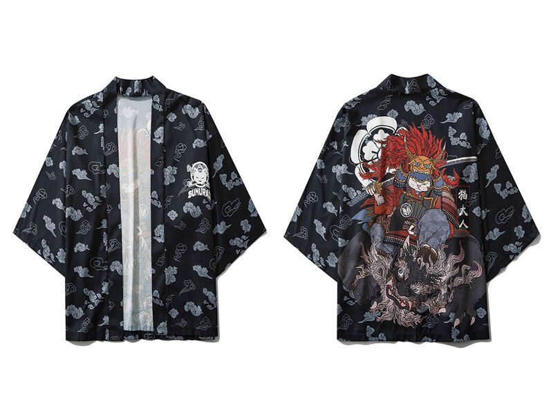 Gonthwid Japanse Samurai Kat Kirin Print Kimono Vest Shirts Jassen Streetwear Mannen Hip Hop Harajuku Casual Zomer Jas Tops: XL