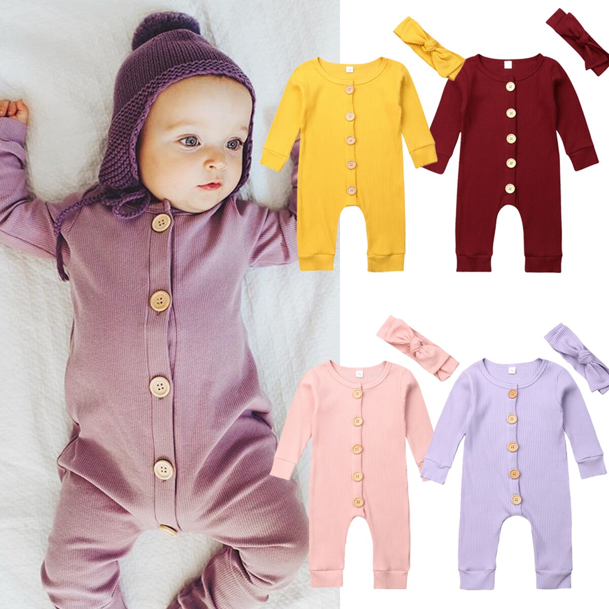 2 Stuks Pasgeboren Baby Gebreide Solid Jumpsuit Meisje Jongen Kleding Lange Mouw Herfst Romper Lange Mouw Hoofdband Outfit Kleding