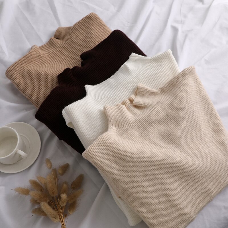 Løs sweater dame pullover afslappet rullekrave langærmet chik oversized strik sweater dame sweatere split side top