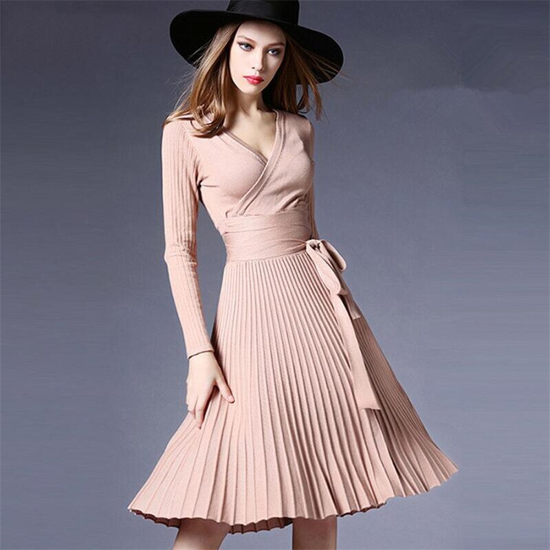 Women v neck pleated wrap a-line knitted dress bow tie sashes long sleeve female Autumn Spring mid calf vestidos B