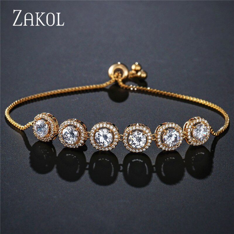 ZAKOL pulsera de eslabones de cadena ajustable de Zirconia cúbica redonda a la con brazaletes de cristal para mujeres bisutería India FSBP2067: Gold Color