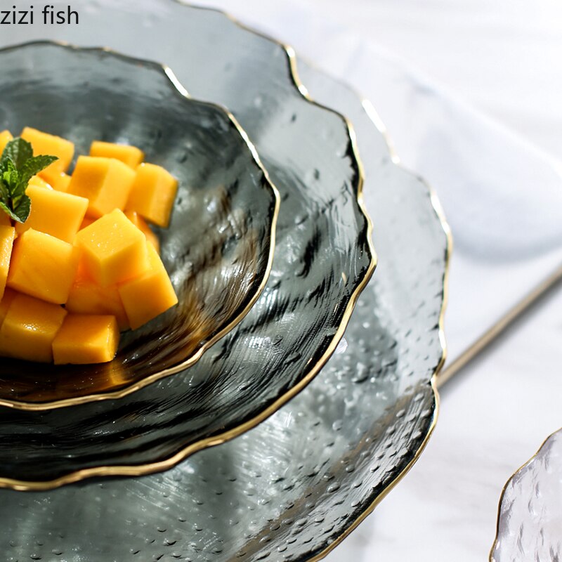 Gray Crystal Glass Fruit Plate Electroplating Golden Border Dessert Dessert Plate Pastry Salad Plate Kitchen Utensils