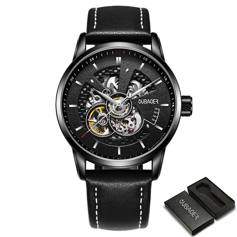 Oubaoer Heren Horloges Mechanische Automatische Top Luxe Tourbillon Self Winding Lederen Sport Polshorloge: Black