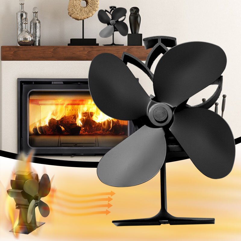 Fireplace 4 Blades Heat Powered Black Stove Fan Log Wood Burner Eco-fan Quiet Home Fireplace Fan Efficient Heat Distribution