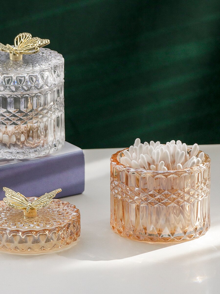 Luxe Kristal Wattenstaafje Box Gouden Vlinder Glazen Pot Snoep Jar Horloge Opbergdoos Glas Container Organizer Home Decor
