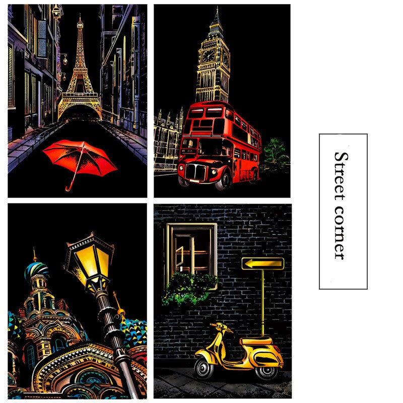 4 Pcs 29.5*21.5 cm A4 Magic Scratch Painting DIY manual Famous City Building Night View Scraping Paiting Drawing Toys For Kids: Street Cornet