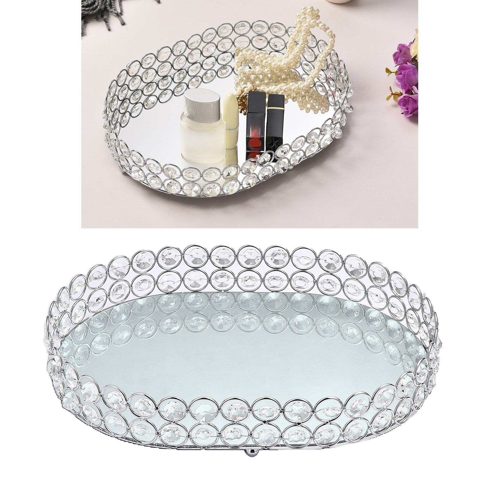 Mirrored Crystal Vanity Tray Delicate Jewelry Storage Tray Glass Mirror Base Bedroom Bathroom Desktop Cosmetic Organize Plate