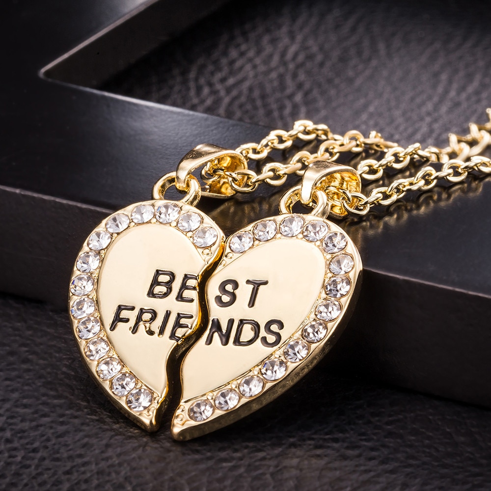 Unisex 2 Pcs Necklace Women Crystal Heart Pendant Best Friend Letter Necklace Couple Necklace Men Friendship Jewelry Z0526: Gold