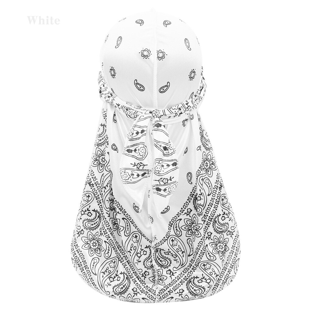 Satin- männer dehnbar Kappe Hüfte hüpfen Du Doo Lappen Durag Perücken Turban Bandana Headwear Feste Farbe lange Hütte Binden schwanz Haar Zubehör: Weiß