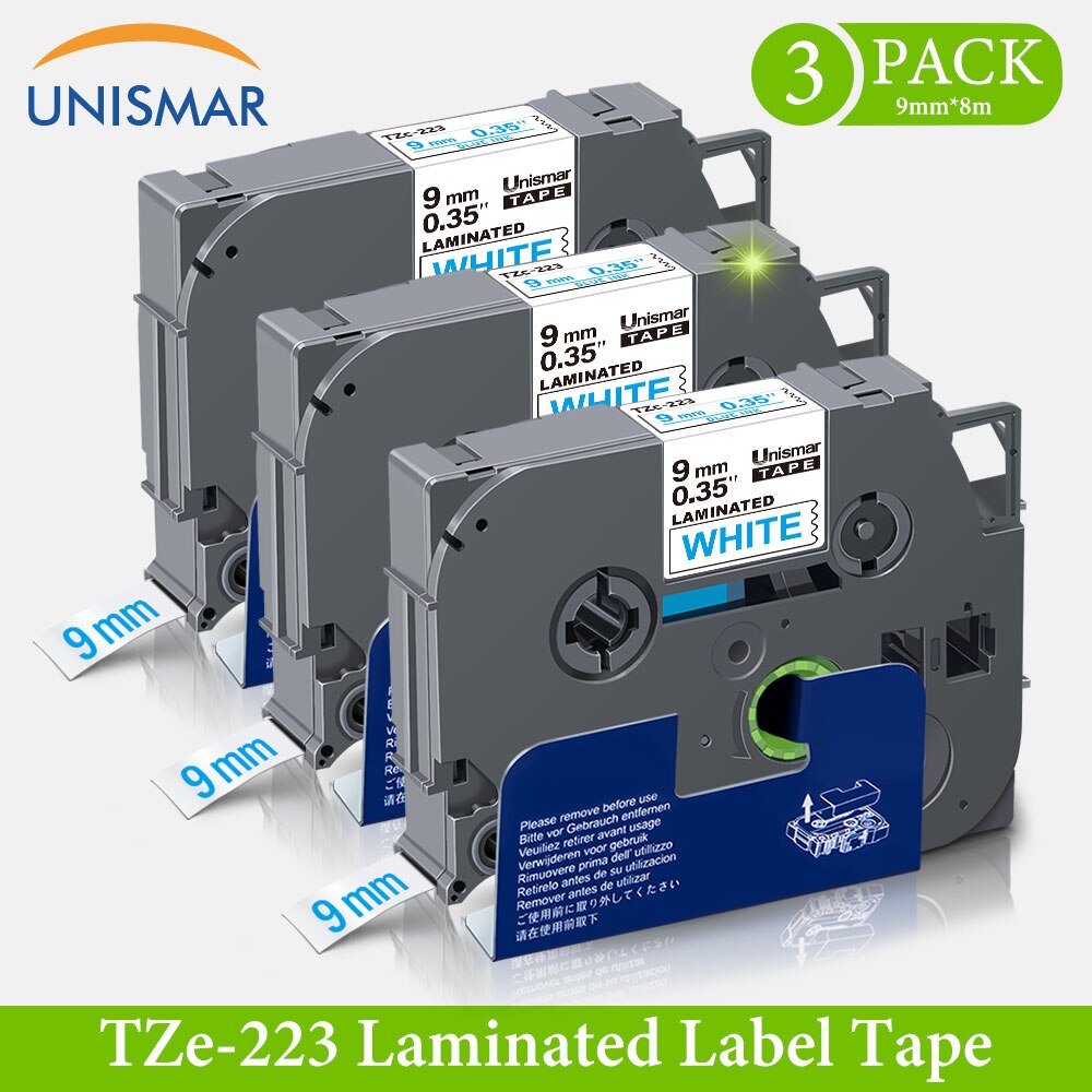 3PK 9mm tze Tape Blue on White tze-223 tz223 Compatible Brother Labller 8m Long Laminated Printer Ribbon for P Touch H105 3600: Blue on White