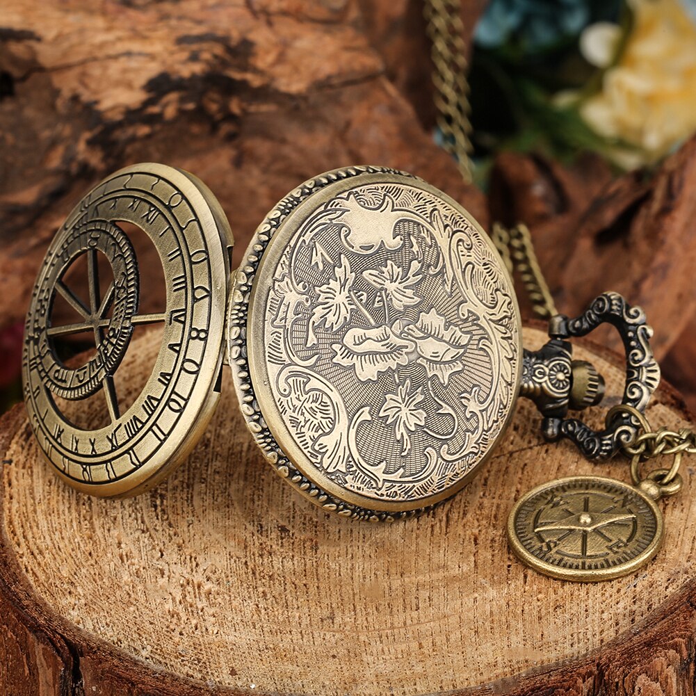 Unisex Antique Astrology Compass Pocket Watch Quartz Retro Bronze Necklace Fob Clock with Chain Compass Accessory Man Women