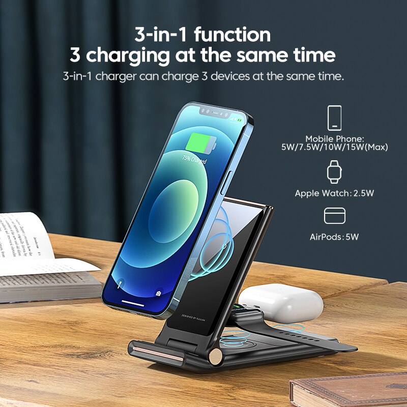 Kuulaa qi trådløs oplader 3 in 1 til iphone 13 12 11 pro max xr  x 8 foldbar ladestation til apple watch airpods pro