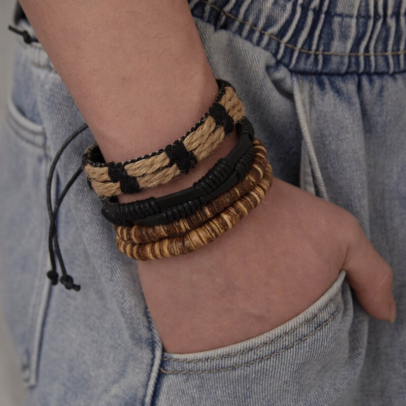 4 pezzi combinazione bracciale da uomo Set corda marrone perline di legno di cocco bracciali in pelle intrecciata per uomo regalo gioielli Pulsera Hombre