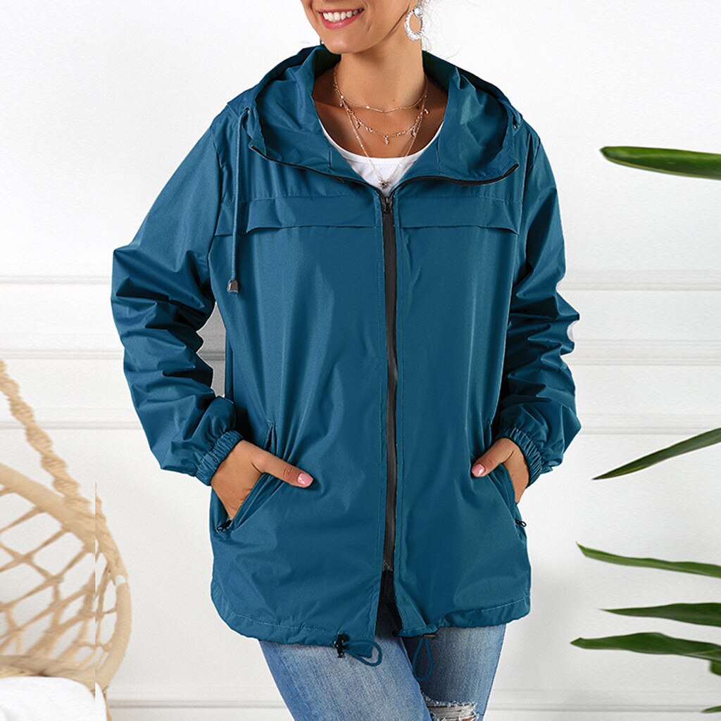 Jaquetas femininas chuva sólida ao ar livre impermeável com capuz capa de chuva à prova de vento jaqueta casacos casuais com zíper casacos casaco outwear