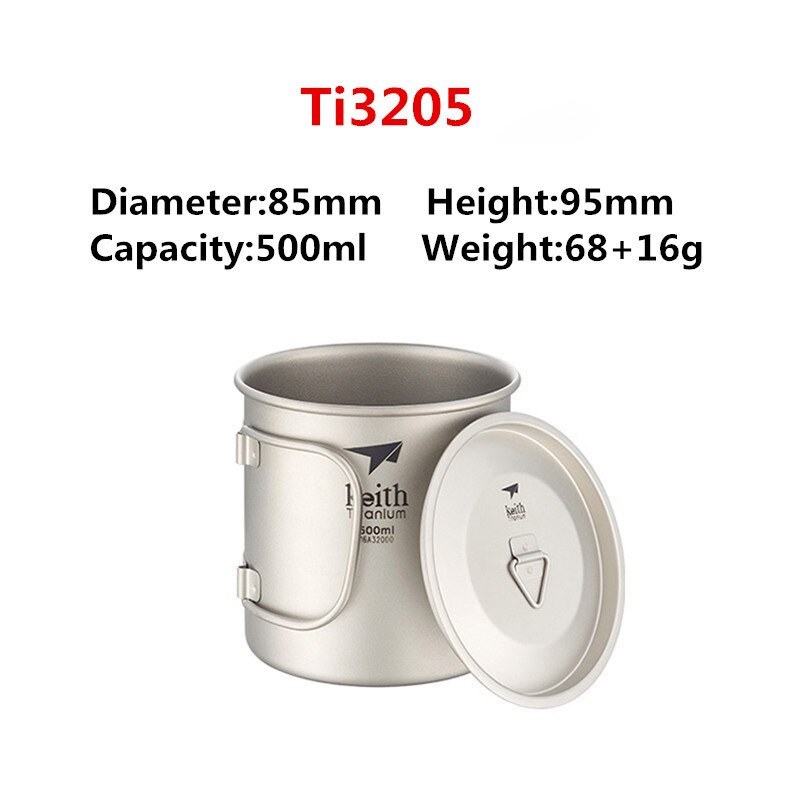 Keith titanium kopp titan vann krus sammenleggbart håndtak enkelt vegg kopp utendørs camping reise tur kopper med lokk 220ml-900ml: 500ml