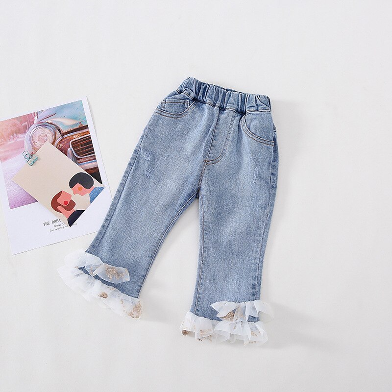 Flickor sommar jeansbyxor barn jeans barn byxor för småbarn bebis tjej prinsessa mesh jeans torusers kläder 1-5 år: Guld- / 4t
