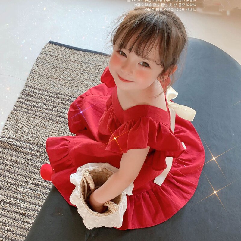 Summer Girls Dress Baby Kids Clothes Sweet Princess Dress Small Fresh Petal Sleeve Bow Vestidos 3-7Years Children&#39;S Clothing