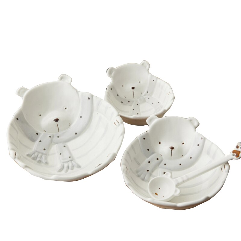 MORGIANA Cute Cartoon Fruit Plate Delicate Ceramic Bowl Dinner Set White Bear Ceramic Bowl Family Soup Bowl Set