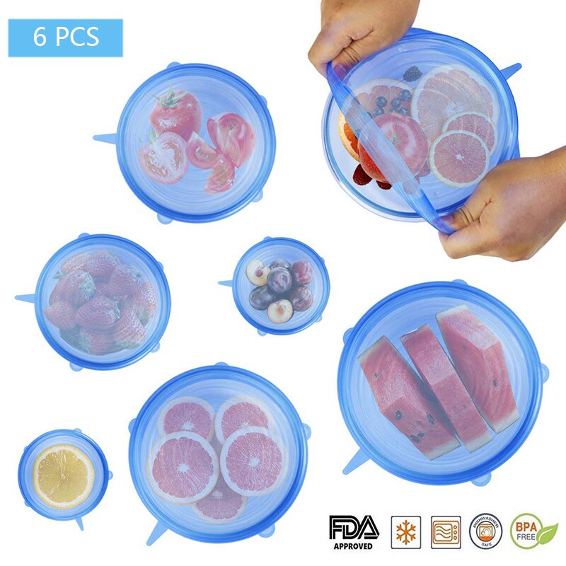 Tapas elásticas de silicona de 6 uds, tapas herméticas reutilizables para envolver alimentos, cubiertas para mantener el bol sellado fresco, cubiertas elásticas para envolver, utensilios de cocina